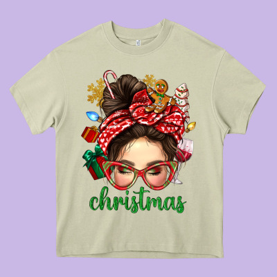 Christmas Messy Bun With Gingerbread Man Heavy Core Tee Designed By Bundleandbundleshop