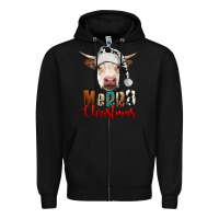 Black merry christmas hereford cow Zipper Hoodie - RanaPortraitStore