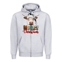 Heather Grey merry christmas hereford cow Zipper Hoodie - RanaPortraitStore