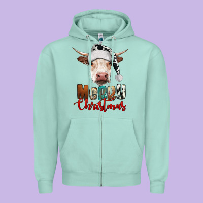 Merry Christmas Hereford Cow Zipper Hoodie Designed By Ranaportraitstore