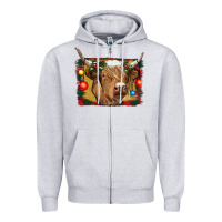 Heather Grey highland cow christmas Zipper Hoodie - RanaPortraitStore
