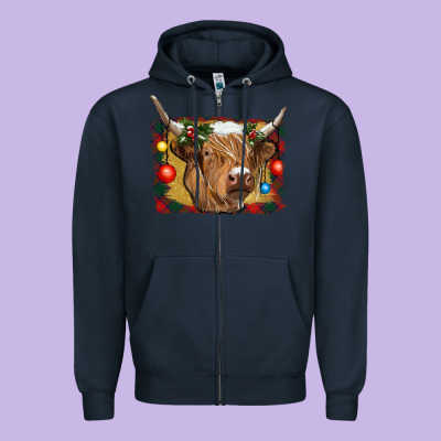 Highland Cow Christmas Zipper Hoodie Designed By Ranaportraitstore