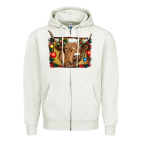 Oatmeal Heather highland cow christmas Zipper Hoodie - RanaPortraitStore