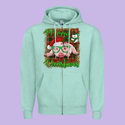 Merry Christmas Baby Pig Zipper Hoodie Designed By Ranaportraitstore