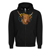 Black highland cow with sunflowers turquoise Zipper Hoodie - RanaPortraitStore