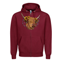 Burgundy highland cow with sunflowers turquoise Zipper Hoodie - RanaPortraitStore