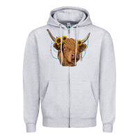 Heather Grey highland cow with sunflowers turquoise Zipper Hoodie - RanaPortraitStore