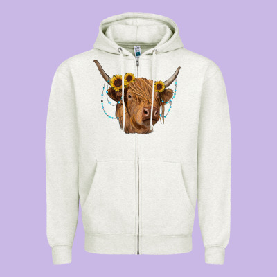Highland Cow With Sunflowers Turquoise Zipper Hoodie Designed By Ranaportraitstore