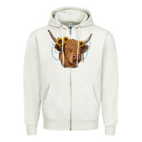 Oatmeal Heather highland cow with sunflowers turquoise Zipper Hoodie - RanaPortraitStore