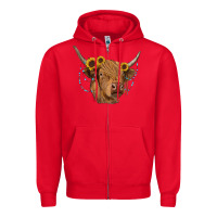 Red highland cow with sunflowers turquoise Zipper Hoodie - RanaPortraitStore