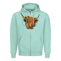 Seafoam highland cow with sunflowers turquoise Zipper Hoodie - RanaPortraitStore