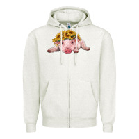 Oatmeal Heather baby pig with sunflower headband Zipper Hoodie - RanaPortraitStore