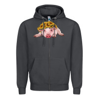 Smoke baby pig with sunflower headband Zipper Hoodie - RanaPortraitStore