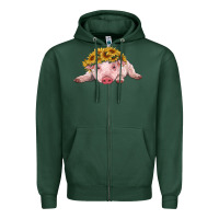 Sports Green baby pig with sunflower headband Zipper Hoodie - RanaPortraitStore