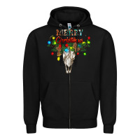 Black merry christmas bull skull Zipper Hoodie - RanaPortraitStore