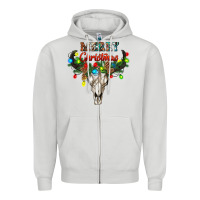 Dove Grey merry christmas bull skull Zipper Hoodie - RanaPortraitStore
