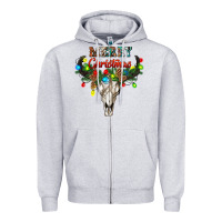 Heather Grey merry christmas bull skull Zipper Hoodie - RanaPortraitStore