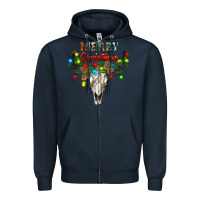 Navy merry christmas bull skull Zipper Hoodie - RanaPortraitStore