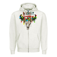 Oatmeal Heather merry christmas bull skull Zipper Hoodie - RanaPortraitStore