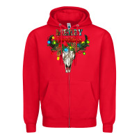 Red merry christmas bull skull Zipper Hoodie - RanaPortraitStore