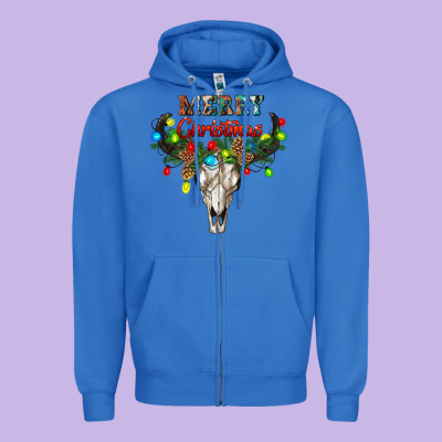 Merry Christmas Bull Skull Zipper Hoodie Designed By Ranaportraitstore