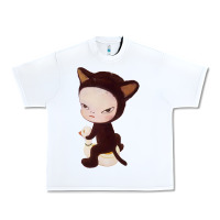 White Yoshitomo Nara Cute Cat Urban Heavy Tee - artisFamous