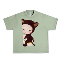 Oil Green Yoshitomo Nara Cute Cat Urban Heavy Tee - artisFamous