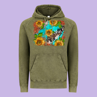 Western Sunflowers Turquoise Cowhide  Tooled Leather Vintage Hoodie Designed By Barkaloodesign