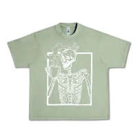 Oil Green distressed skeleton vintage smiling skull drinking coffee Urban Heavy Tee - artisFamous