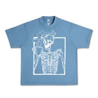 Pebble Blue distressed skeleton vintage smiling skull drinking coffee Urban Heavy Tee - artisFamous