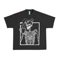 Pigment Black distressed skeleton vintage smiling skull drinking coffee Urban Heavy Tee - artisFamous