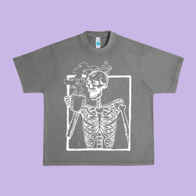 Distressed Skeleton Vintage Smiling Skull Drinking Coffee Urban Heavy Tee Designed By Artisfamous