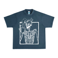 Midnight Navy distressed skeleton vintage smiling skull drinking coffee Urban Heavy Tee - artisFamous