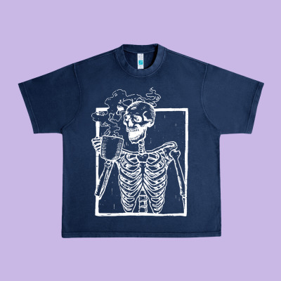 Distressed Skeleton Vintage Smiling Skull Drinking Coffee Urban Heavy Tee Designed By Artisfamous