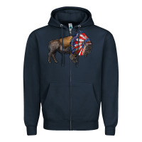 Navy american bison with indian headdress Zipper Hoodie - RanaPortraitStore