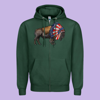 American Bison With Indian Headdress Zipper Hoodie Designed By Ranaportraitstore