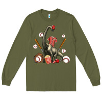 Army Green brachiosaurus with baseball Long Sleeve Tee - Artiststas