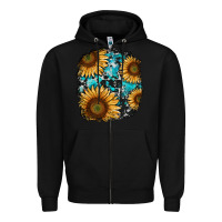 Black sunflower cowhide and turquoise patches Zipper Hoodie - RanaPortraitStore