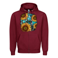 Burgundy sunflower cowhide and turquoise patches Zipper Hoodie - RanaPortraitStore