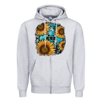 Heather Grey sunflower cowhide and turquoise patches Zipper Hoodie - RanaPortraitStore