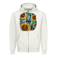 Oatmeal Heather sunflower cowhide and turquoise patches Zipper Hoodie - RanaPortraitStore