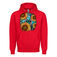 Red sunflower cowhide and turquoise patches Zipper Hoodie - RanaPortraitStore