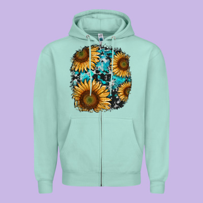 Sunflower Cowhide And Turquoise Patches Zipper Hoodie Designed By Ranaportraitstore
