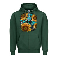 Sports Green sunflower cowhide and turquoise patches Zipper Hoodie - RanaPortraitStore