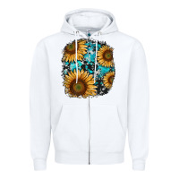 White sunflower cowhide and turquoise patches Zipper Hoodie - RanaPortraitStore