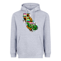 Heather Grey California Map Sunflower Cactus Serape Heavyweight Hoodie - RanaPortraitStore