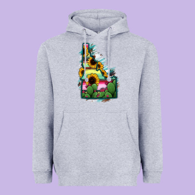 Idaho Map Sunflower Cactus Serape Heavyweight Hoodie Designed By Ranaportraitstore