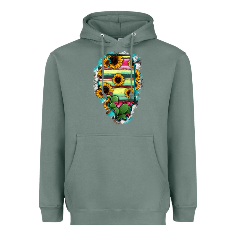 Illinois Map Sunflower Cactus Serape Heavyweight Hoodie by RanaPortraitStore | Teevron