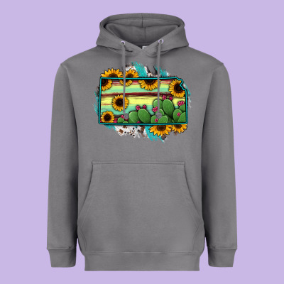 Kansas Map Sunflower Catus Serape Heavyweight Hoodie Designed By Ranaportraitstore