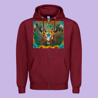 Boho Bullskull Zipper Hoodie Designed By Ranaportraitstore